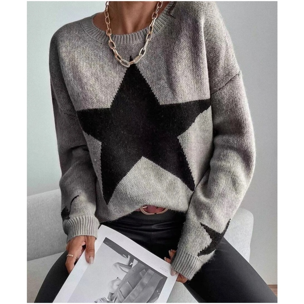 Cozy Star Print Knit Oversized Sweater Top - Picture 2 of 6